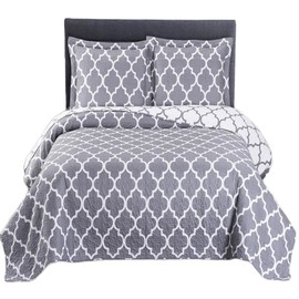 Royal Tradition Meridian Printed Microfiber Over-Sized Full/Queen 92-Inch Wide x 96-Inch Long, 3PC Quilt Set, Grey with White