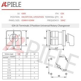 APIELE Changeover Selector Switch 63A 3 Position 16 Terminals Poles 440V Universal Rotary Cam Selector