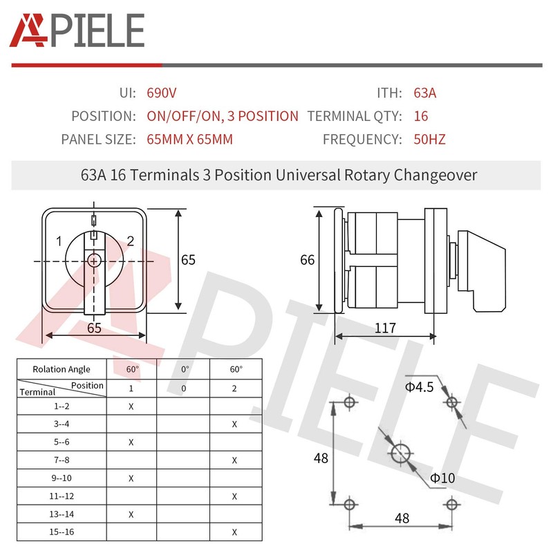 APIELE Changeover Selector Switch 63A 3 Position 16 Terminals Poles