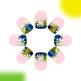 24 Pcs Spring Press on Nails Extra Short Square Fake Nails Press ons Nail Tips Glue on Nails Full Cover Acrylic Nail Kit False Nails with Small Flower Glitter French Nail Art Design Women