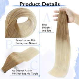 Full Shine Tape in Hair Extensions Human Hair Ombre Straight Hair Tape in Extensions Color 14 Fading to 60 Platinum Blonde Hair Extensions Tape in 50 Gram 20 Pieces