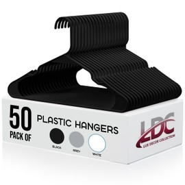 Lux Decor Plastic Hangers 50 Pack - Heavy Duty Closet Space Saving Coat Hangers for Dress, T. Shirts, Tops, Skirts, Blouse Clothing Hangars - Percheros Ganchos para Colgar Ropa - Black Hangers