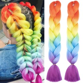 Colored Jumbo Braiding Hair Extension for Women 24" Synthetic High Temperature Ombre Jumbo Braiding Hair Pre stretched Fiber Hair Twist Crochet Braids (Rainbow)