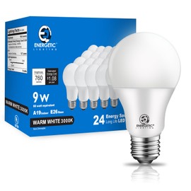 Energetic Light Bulbs 60 Watt Equivalent, A19 Warm White LED Light Bulbs, 15000 Hrs E26 Base, 9W 760LM 3000K Light Bulbs, UL Listed, Non-Dimmable, 24-Pack