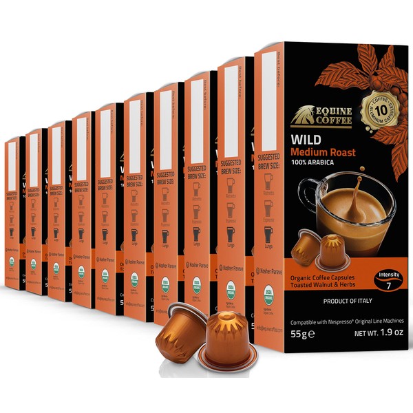 Cápsulas de aluminio de café equino orgánico para Nespresso Original | Paquete de 100 cápsulas compatibles con Nespresso italiano (no Vertuo) | Espresso de tostado medio salvaje (salvaje)