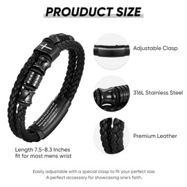TempBeau Christian Black Leather Bracelet for Men - Double-Row Braided Leather Faith Cross Bracelets for Men Jewelry Gift Religious Baptism Easter Gifts for Young Men Teenage,Adjustable Wristband,22