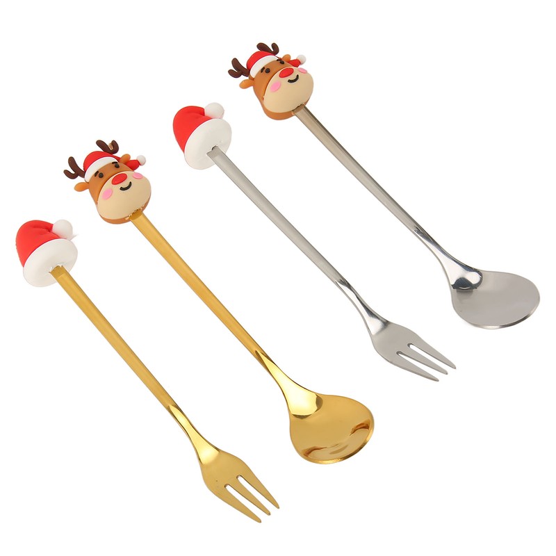 4Pcs Christmas Spoons and Forks Set Stainless Steel Cartoon Funny