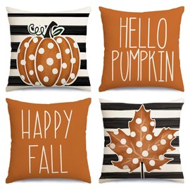 RABUSOFA Fall Pillows Decorative Throw Pillows,Fall Pillow Covers 18x18 Set of 4,Polka Dots Pumpkin Autumn Pillow Covers,Maple Leaf Stripes Thanksgiving Throw Pillows Burnt Orange(5-18)