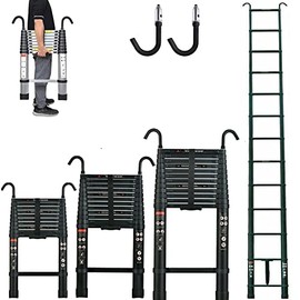 10.5FT Aluminum Telescoping Ladder with Non-Slip Feet and Stable Hook, One Button Retraction Portable Extension Multi-Purpose Ladder Telescoping Ladders Max Load 330lbs to Household Use Outdoor Work