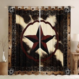Cow Print Curtains 52x63,Retro Cowhide Window Curtains,Geometric Western Texas Stars Window Treatments,Rustic Farmhouse Animal Fur Shades Drapes 2 Panels Living Room Decor