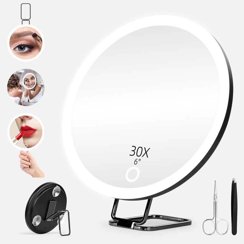 JJhxr 30X Magnifying Mirror with Lights, 6inch Makeup Magnified Mirror