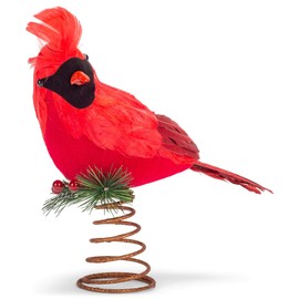 Red Feathered Cardinal 10 inch Metal Holiday Christmas Tree Topper Figurine
