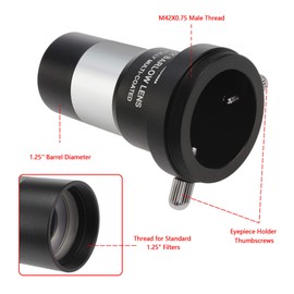 Alstar 1.25" 2X Barlow Lens MultiCoated Metal with M42x0.75 Thread Camera Interface for Telescopes
