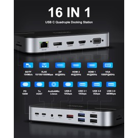 Selore USB C Docking Station for Laptop, 16 in 1 Triple 4K Display Docking Station 3 Monitors with Dual HDMI,DP,VGA,10G USB3.1,Data,Ethernet,PD,SD/TF,Audio for MacBook Pro/Air Dell XPS 13 Surface Pro