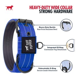 Tuff Pupper Heavy Duty Tactical Dog Collar | 1.5" Wide Ballistic Nylon | Reflective Stitching | Integrated ID Tag Holder | Stainless Steel Buckle | Padded Lining | Medium & Large Dogs (Blue, Large)