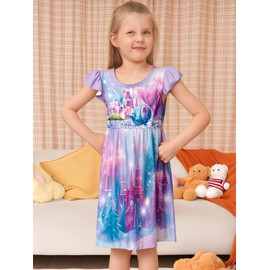 LQSZ Girls Nightgown Ruffle Sleeve Princess Pajamas Purple Castle Casual Dress for Little Girls 7 8T