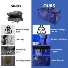 Demiwise 4 Pack Waterproof Moving Bags with Strong Zippers and Reinforced Handles, 100 lbs. Extra Heavy Duty Large Storage Totes for Packing & Moving Storing, Alternative to Moving Boxes -95L,Blue