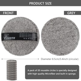 VIVOTE Microfibre Washable Pads Pack of 20 Reusable Microfibre Make-Up Cloths Soft for Face Cleansing and Skin Care with Laundry Bag (Bamboowood Charcoal)
