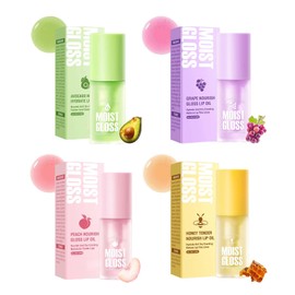 4Pcs Hydrating Lip Oil Set,Clear Lip Gloss,Long Lasting Nourishing Revitalizing for Dry Lips,Waterproof,Lip Gloss Base Flavoring Oil for Women Girls(Avocado+Grape+Peach+Honey)