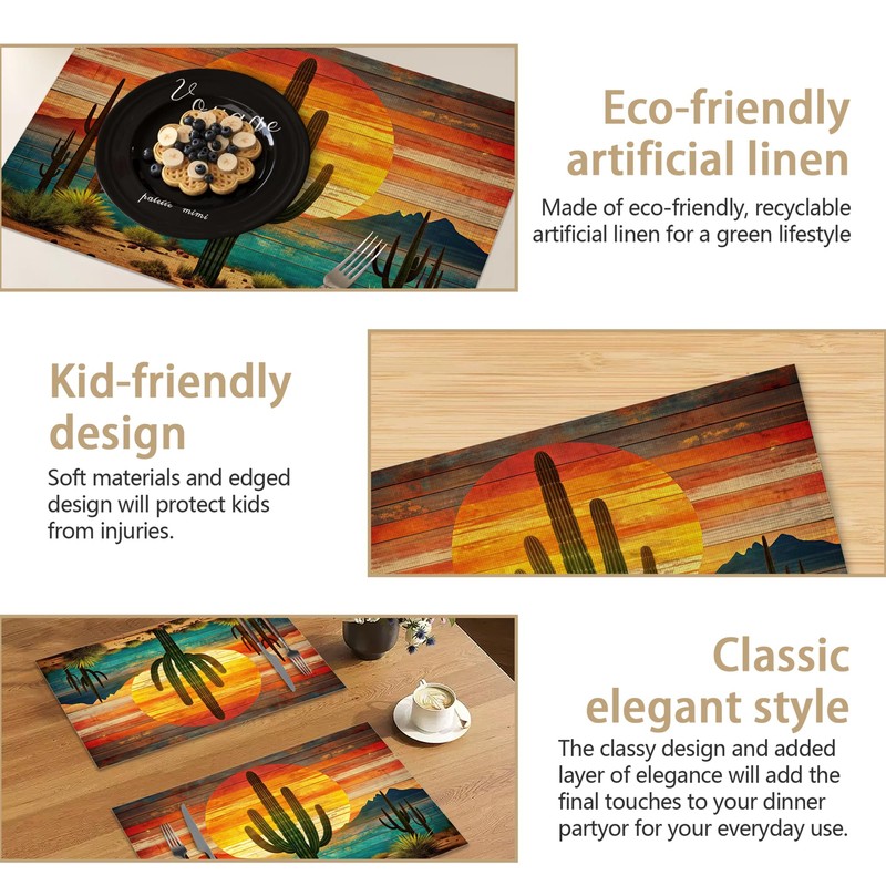 Boho Cactus Placemats Set of 6 Linen Table Mats, 12x18