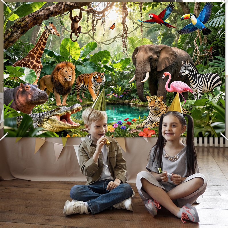 Avezano Jungle Backdrop Safari Party Decorations Rainforest Animals Banner
