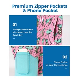 maamgic Mens Swim Trunks with Compression Liner 5" Stretch Beach Shorts Quick Dry with Zipper Pockets No-Chafing Board Shorts Pink-Palm Pineapple XS