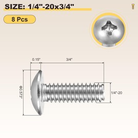 METALLIXITY Machine Screws Phillips Head(1/4"-20x3/4) 8Pcs, 304 Stainless Steel Round Head Phillips Drive Furniture Bolts - for Woodworking & Furniture Assembly, Silver