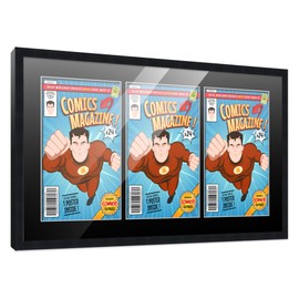 Poster Palooza Comic Book Frame Wall Display with Mat for 3 Current Era Comics Published After 1985 - Black Comic Frame for 6.875x10.5 Comics