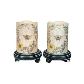 Set of 2 Spring Honey Bee Inspired 4" Flameless Flickering LED Candles on Black Wooden Risers,  Mothers Day, Home Decor Summer - Single or Set: Single Candle