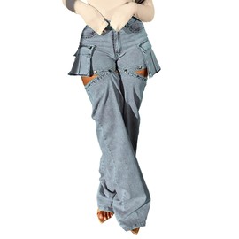 Women Cargo Jeans Y2K High Waisted Baggy Cutout Detachable Summer Jean Shorts Streetwear Blue