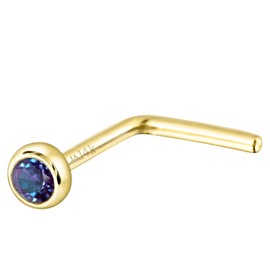 Solid 14K Yellow Gold L-Shape Stud Bezel Set 2mm Alexandrite 22G L-Bend Nose Stud - June Birthstone Nose Ring Stud LSBZ-ALX20YG
