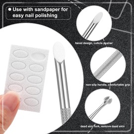 Stainless Steel Cuticle Pusher Tool, Double Ended Nail Cuticle Trimmer Nail Art Cuticle Remove with 10 Sheet Sandpaper for Manicure Pedicure