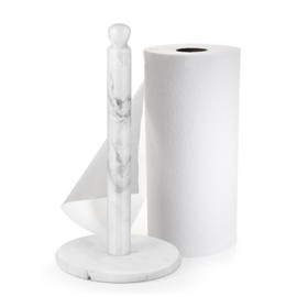 Flexzion Marble Paper Towel Holder 12 inch (White) - Kitchen Countertop Paper Towel Holder Stand Rack with Roll Dispenser Pole and Weighted Marble Base for Tables Home Dining Bathroom Storage