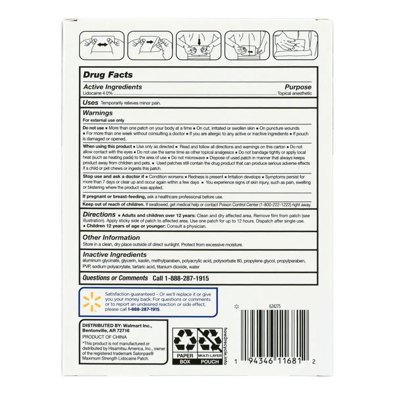 Equate Lidocaína Parches Para El Dolor De Espalda 6 Piezas