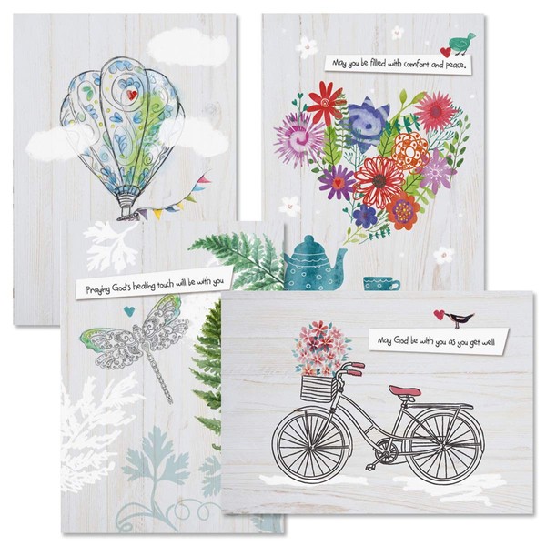 Get Well Faith Greeting Cards with Scripture - Set of 8 (4 Designs), Large 5" x 7", Religious Sympathy Cards with Sentiments Inside, White Envelopes