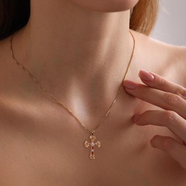 Fohufo Birthstone Cross Necklace - Dainty 14K Gold Plated Cross Pendant Necklace, Cross Necklace Jewelry Religious Gifts for Women