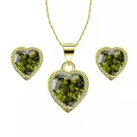 Paris Jewelry 24k Yellow Gold Heart 1Ct Created Peridot CZ Full Set Necklace 18 inch Plated