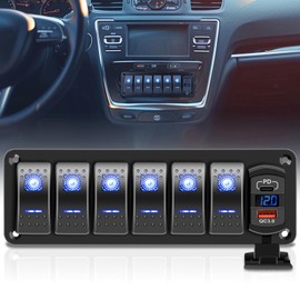 RVZONE 6 Gang 5 Pin Marine Boat Rocker Switch Panel with DC 12-24V LED Voltmeter PD Type C and QC 3.0 USB Fast Charging IP68 Waterproof Toggle Switch Panel for Boat Marine UTV Truck Car (Blue)