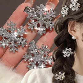 Snowflake Hair Clips Sparkly Rhinestone Hair Barrettes 3 Styles Cute Autumn Winter Broken Hair Bangs Silver Metal Accessories for Women Shiny Snowflakes Hairpins Christmas Hair Xmas Party Gifts