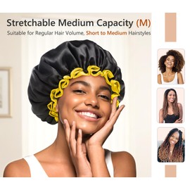 mikimini Black Shower Cap for Women and Men, Reusable Waterproof Bath Cap for Curly Thick Hair, Double-Layered Medium Hair Hats with Yellow Edge