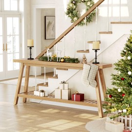 LITTLE TREE 70.9 Inches Extra Long Console Table for Entryway, 2-Tier Narrow Wood Sofa Table Behind Couch, Large Sofa Table for Living Room, Light Brown Hallway Entry Table with Storage
