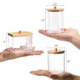 Tbestmax Bathroom Organizer Accessories Set-10 OZ,7 OZ Qtips Holder Storage with Brown Wood Lids, Cotton Ball/Swabs Dispenser, Apothecary Container Jar 3 Pcs