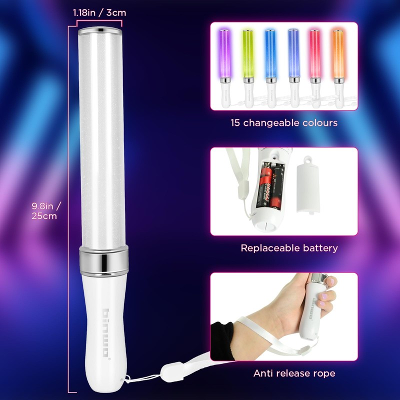 BINWO Reusable LED Glow Sticks(2Pack) with 15 Multicolor, Manual and