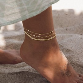 Sargetou Gold Ankle Bracelets for Women Waterproof,14k Gold Plated Anklet Set 3PCS Beaded Cuban Paperclip Dainty Anklets Summer Beach Gift