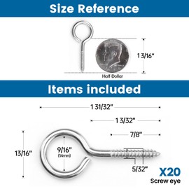 Muzata 20PCS Eye Screws 2 Inch Eye Hook Screw for Wood T316 Stainless Steel M4 Eyelet Hooks Self Tapping for Indoor Outdoor CN22