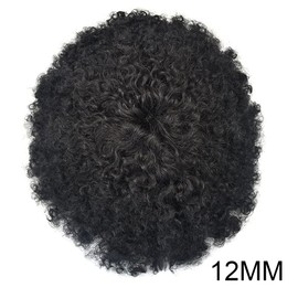 Afro Toupee For Black Men Kinky Curly Brazilian Human Hair Piece African American Afro Wavy Men Toupee Hairpieces Full Poly Thin Skin Men Replacement System (1B# Off Black-12mm afro wave), 8X10''