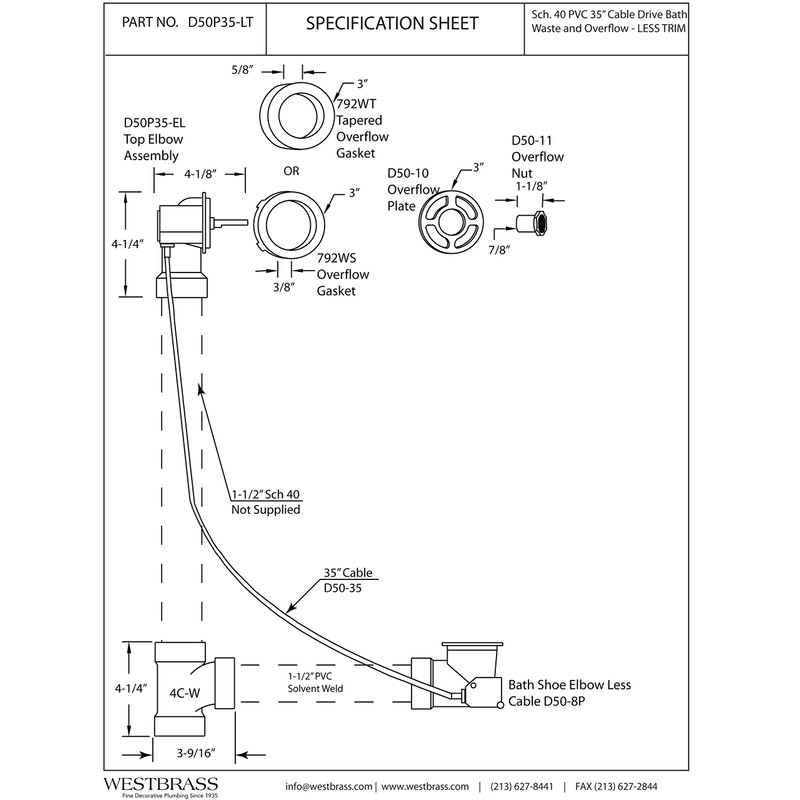 Westbrass PVC 35” Cable Bath Waste & Overflow Rough Only,