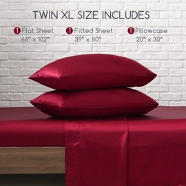 MR&HM Satin Bed Sheets, Twin XL Size Sheets Set, 3 Pcs Silky Bedding Set with 15 Inches Deep Pocket for Mattress(Twin XL, Burgundy)