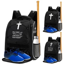 Locmeo Christian Baseball Bag Cross Baseball Backpack for Youth Adult Religious T-Ball Softball Equipment Gear with Separate Shoes Compartment Fence Hook for Helmet & Accessories(Black,Proverbs 3:5)
