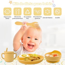 QILAY 10 pzas baby Platos Vajilla Silicona，Sin BPA Set de Alimentación para Bebé para Bebe Antivuelco，Incluye Cucharas para Bebe，Baberos para Bebe，Kit de Alimentacion Complementaria Bebe (Amarillo)